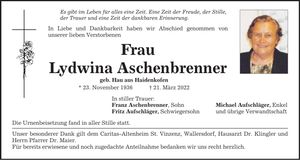 Traueranzeige Lydwina Aschenbrenner