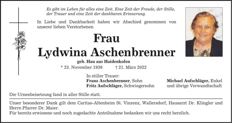 Traueranzeige Lydwina Aschenbrenner