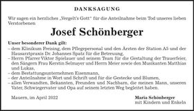 Traueranzeige Josef Schönberger