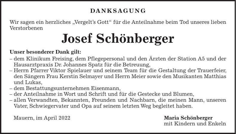 Traueranzeige Josef Schönberger