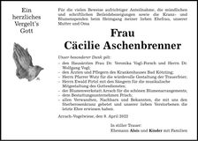 Traueranzeige Cäcilie Aschenbrenner