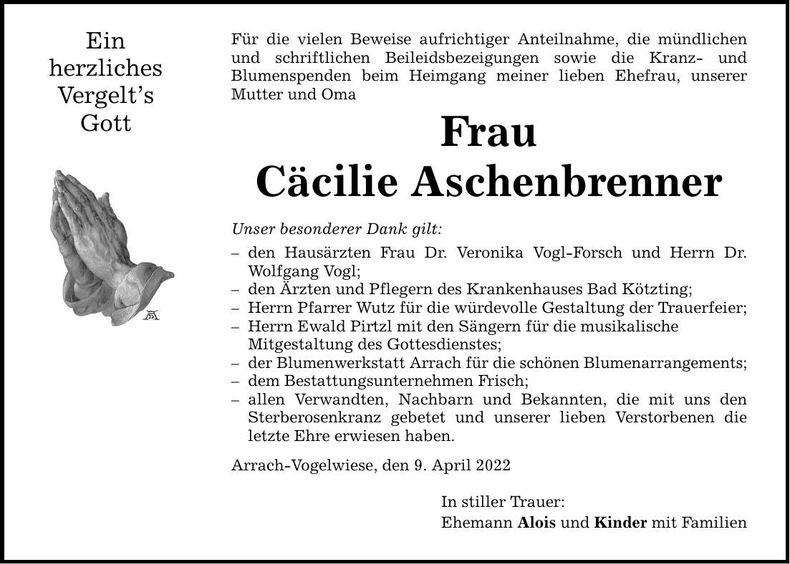 Traueranzeige Cäcilie Aschenbrenner
