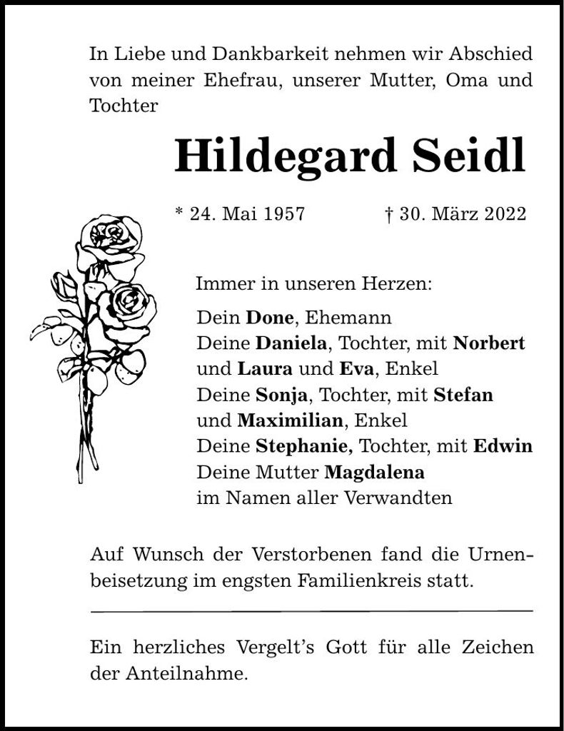 Traueranzeige Hildegard Seidl