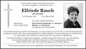 Traueranzeige Elfriede Rauch