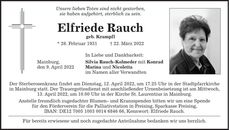 Traueranzeige Elfriede Rauch