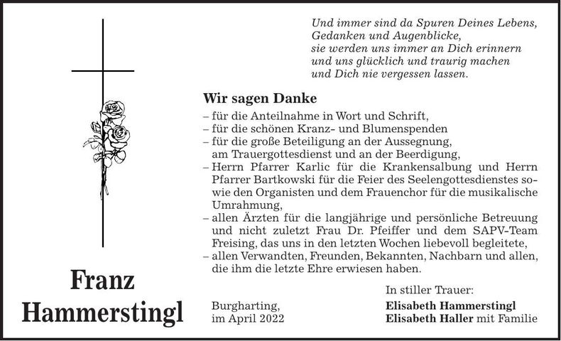 Traueranzeige Franz Hammerstingl