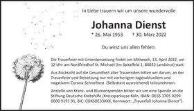 Traueranzeige Johanna Dienst