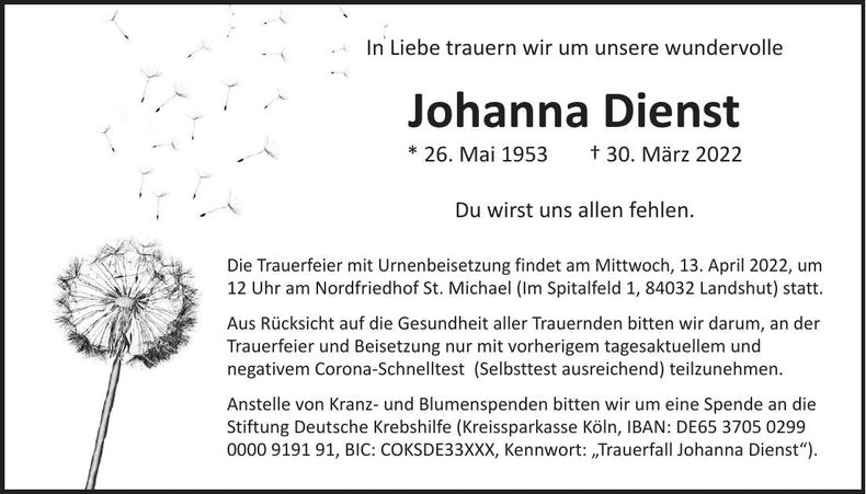 Traueranzeige Johanna Dienst