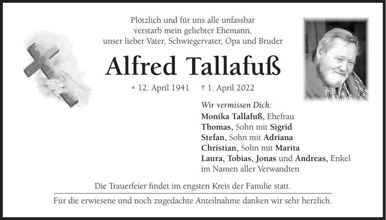 Traueranzeige Alfred Tallafuß
