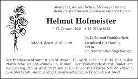 Traueranzeige Helmut Hofmeister
