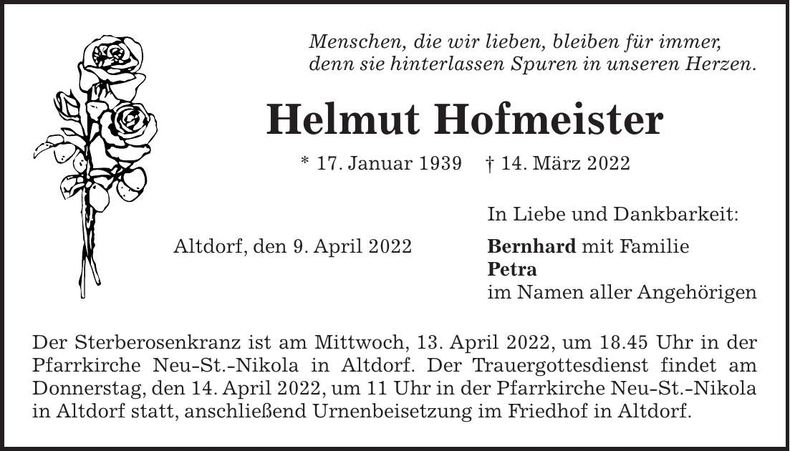 Traueranzeige Helmut Hofmeister