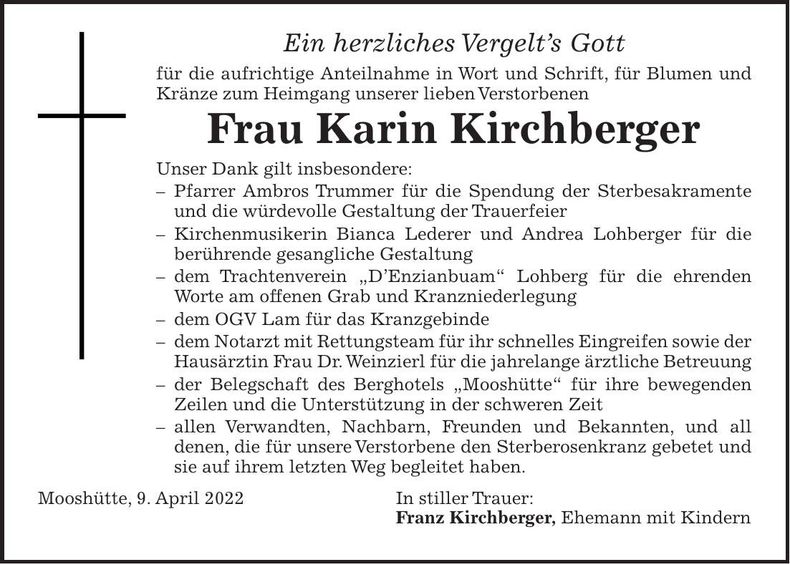 Traueranzeige Karin Kirchberger