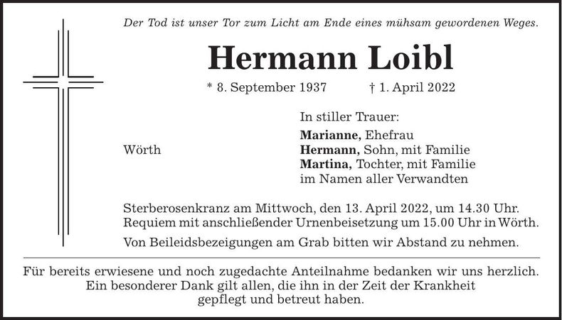 Traueranzeige Hermann Loibl