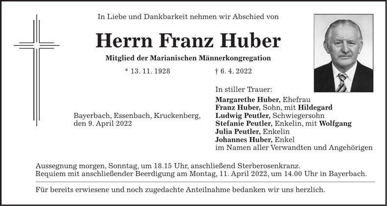 Traueranzeige Franz Huber