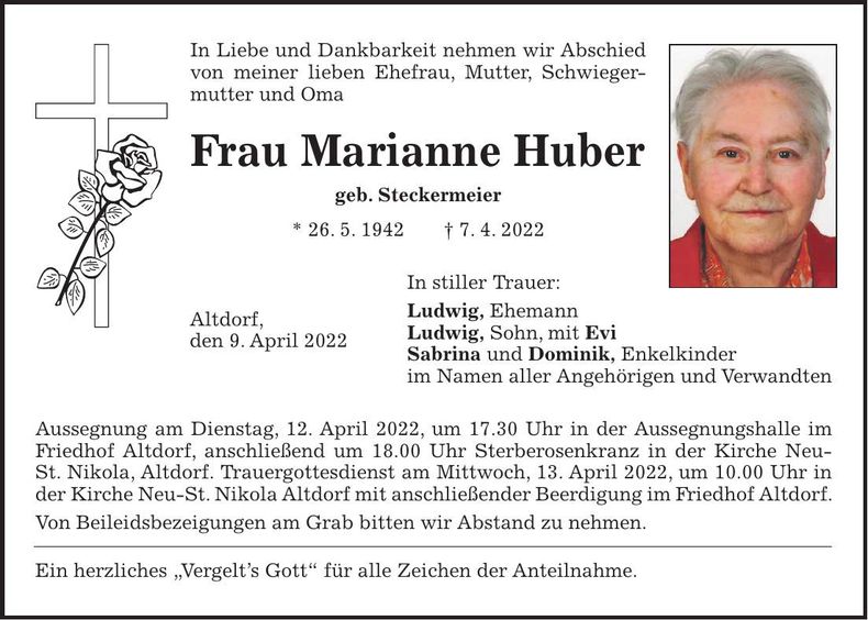 Traueranzeige Marianne Huber