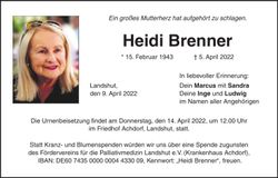 Traueranzeige Heidi Brenner