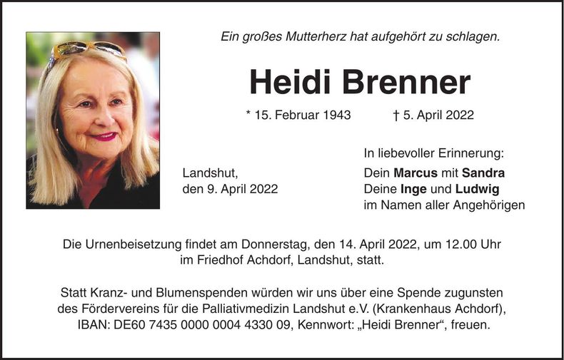 Traueranzeige Heidi Brenner