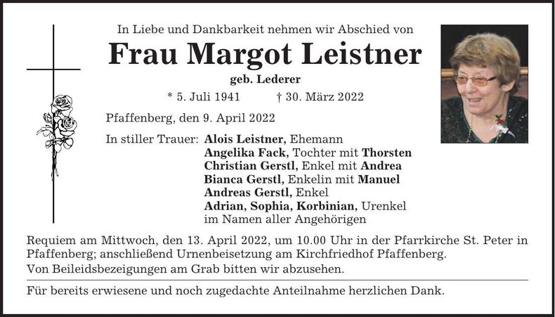 Traueranzeige Margot Leistner