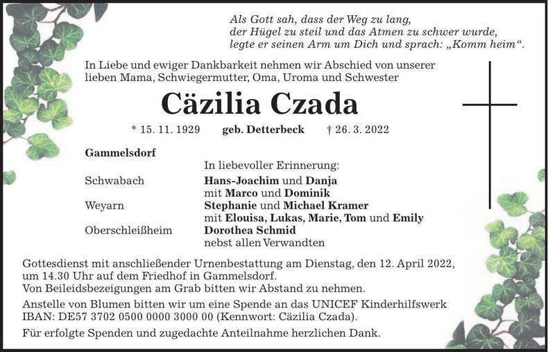 Traueranzeige Cäzilia Czada