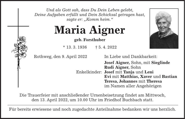 Traueranzeige Maria Aigner