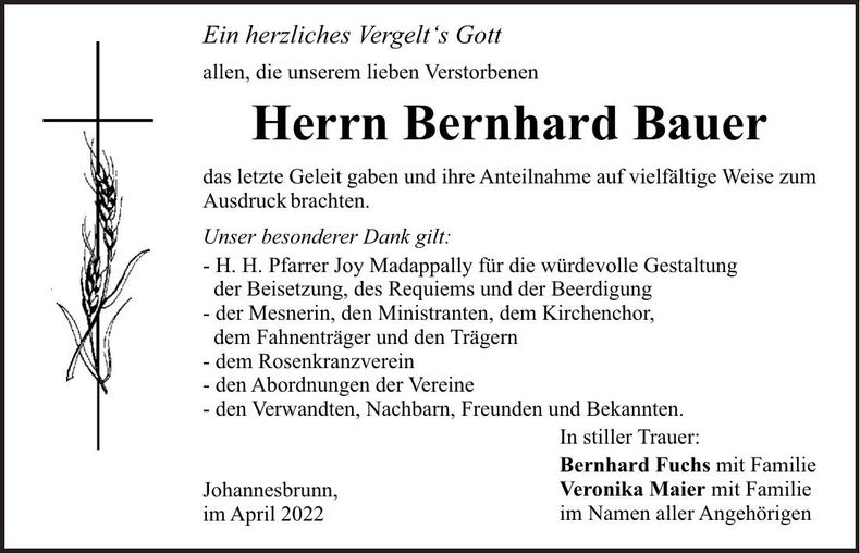 Traueranzeige Bernhard Bauer