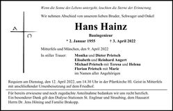 Traueranzeige Johann Hainz