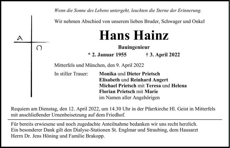 Traueranzeige Johann Hainz