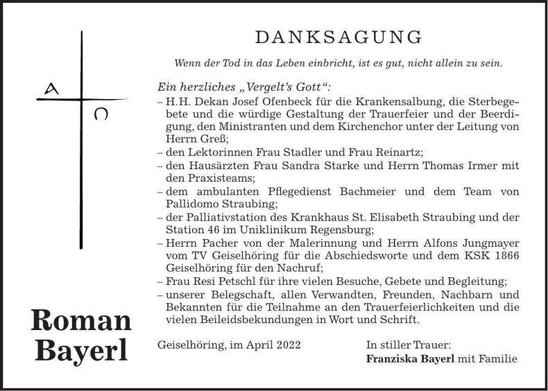 Traueranzeige Roman Bayerl