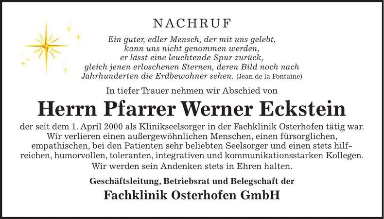 Traueranzeige Werner Eckstein