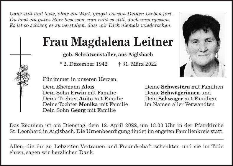 Traueranzeige Maria Leitner
