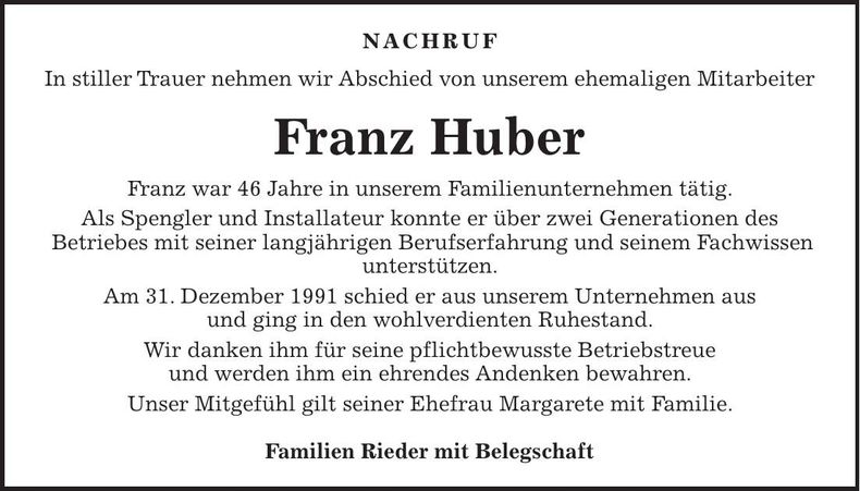 Traueranzeige Franz Huber