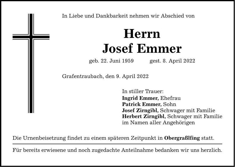 Traueranzeige Josef Emmer