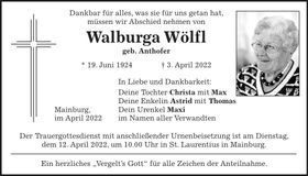 Traueranzeige Walburga Wölfl