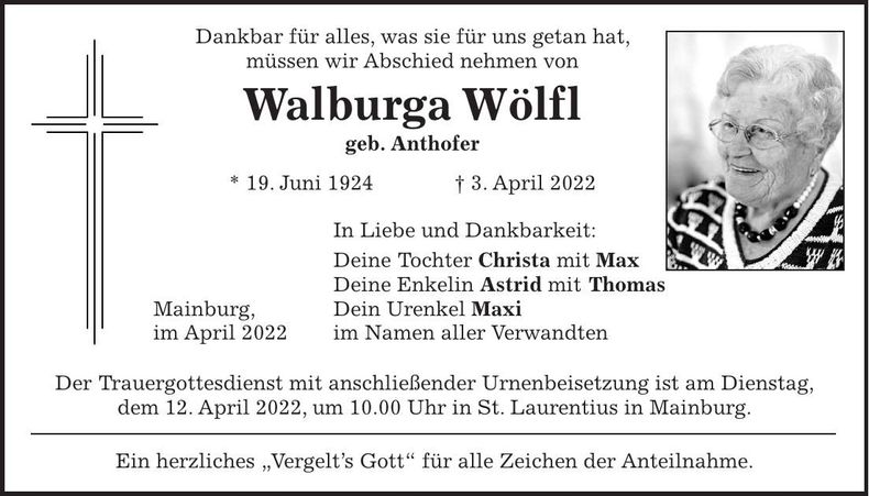 Traueranzeige Walburga Wölfl
