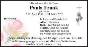 Traueranzeige Paula Frank