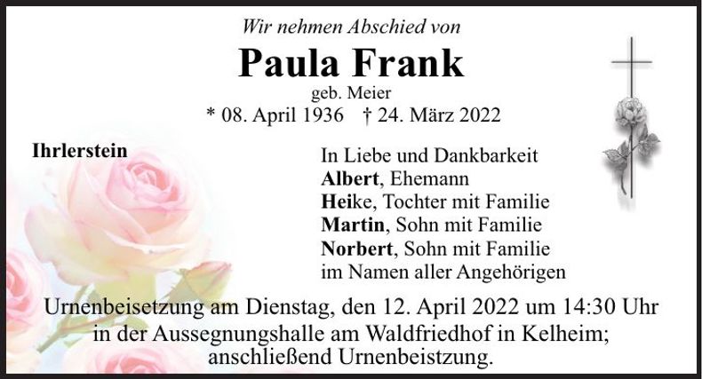 Traueranzeige Paula Frank
