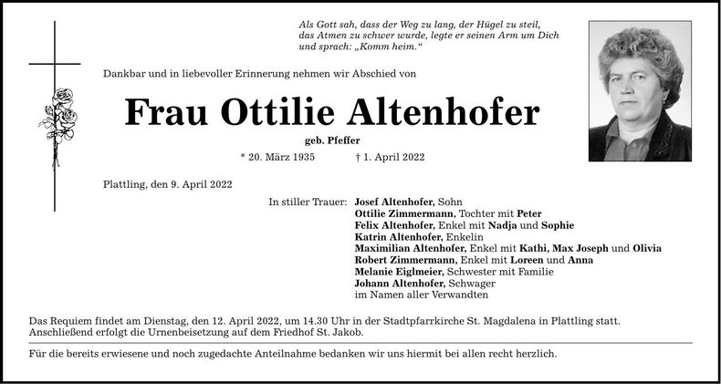 Traueranzeige Ottilie Altenhofer