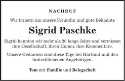 Traueranzeige Sigrid Paschke