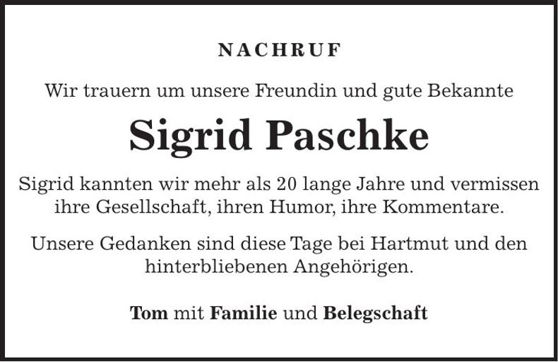 Traueranzeige Sigrid Paschke