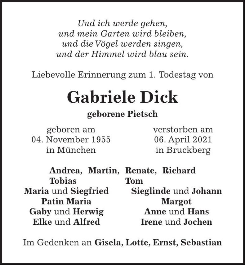Traueranzeige Gabriele Dick