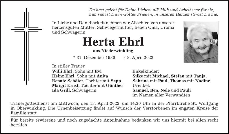 Traueranzeige Herta Ehrl