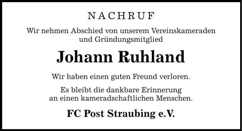 Traueranzeige Johann Ruhland
