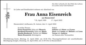 Traueranzeige Anna Eisenreich