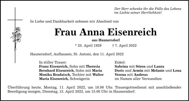 Traueranzeige Anna Eisenreich