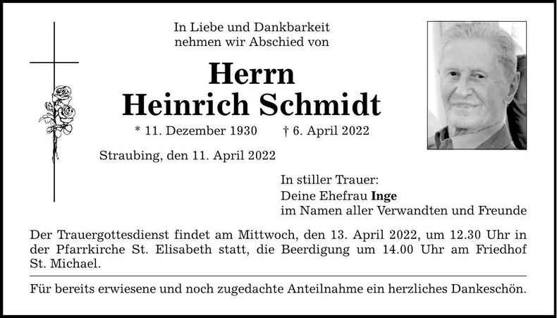 Traueranzeige Heinrich Schmidt