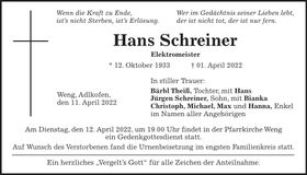 Traueranzeige Hans Schreiner