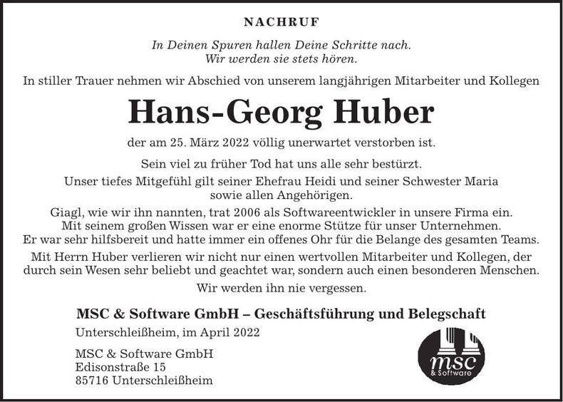 Traueranzeige Hans-Georg Huber