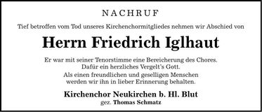 Traueranzeige Friedrich Iglhaut