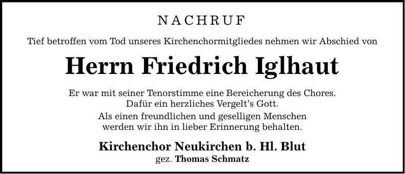 Traueranzeige Friedrich Iglhaut
