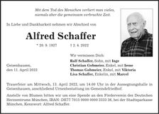Traueranzeige Alfred Schaffer